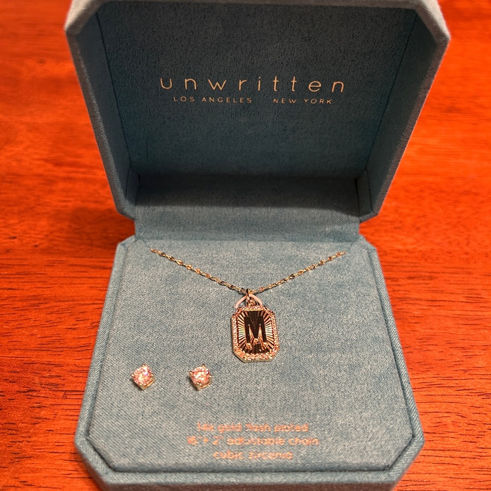 NIB Unwritten Los Angeles 14K Gold Flash Plated 16" "M" Initial Necklace Earring